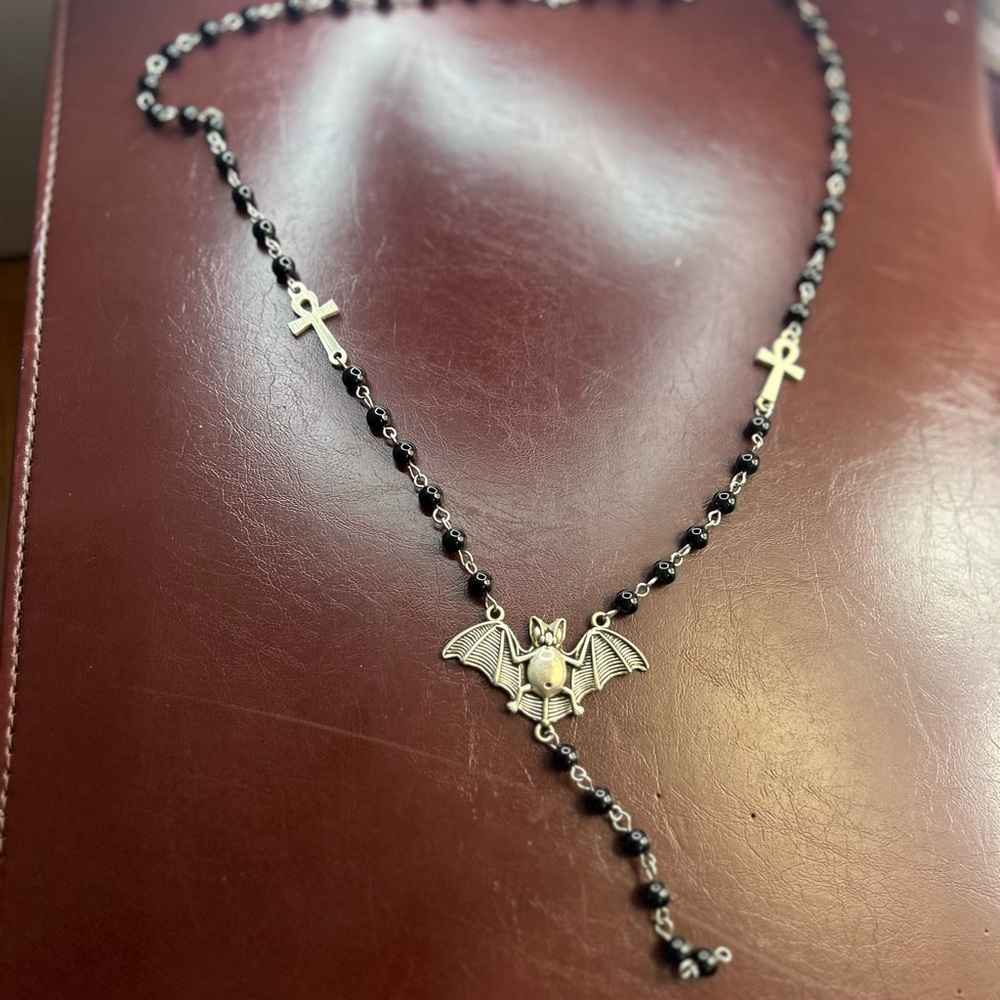 Silver and Black Bat Pendant Necklace